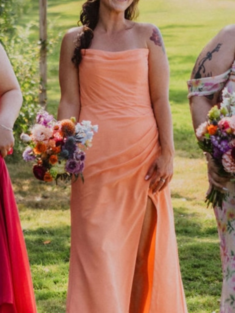 Azazie Peach Strapless Gown with Side Slit